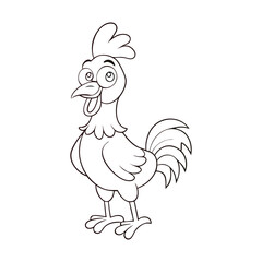 A fun cartoon rooster coloring page featuring a cheerful bird with a big comb, feathers, and tail, perfect for kids to enjoy coloring with bright, lively colors.
