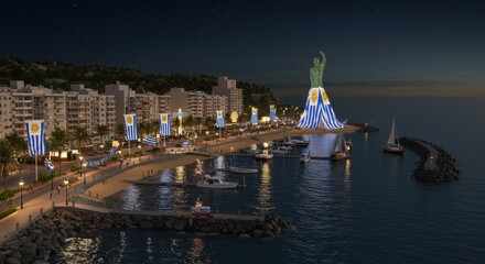 Beautiful Nighttime Cityscape of Sculpture and Waterfront with Festive Decorations in Uruguay