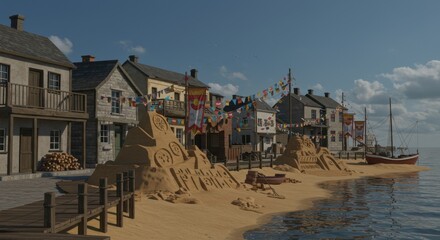 A Picturesque Coastal Town with Vibrant Sandcastles and Historical Architecture by the Shore