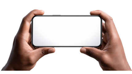 Two Hands Holding A Black Smartphone Horizontally With Blank White Screen Isolated On Transparent Background, PNG