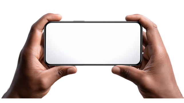 Two Hands Holding A Black Smartphone Horizontally With Blank White Screen Isolated On Transparent Background, PNG