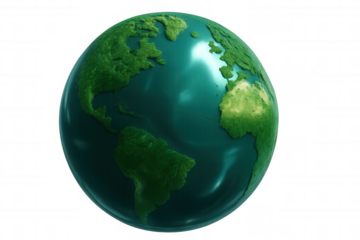 Rotating green planet revealing verdant landmasses, azure waters against transparent backdrop, highlighting global environmental themes
