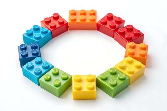 A circle of colorful building blocks arranged in a ring on a white background children play - Powered by Adobe