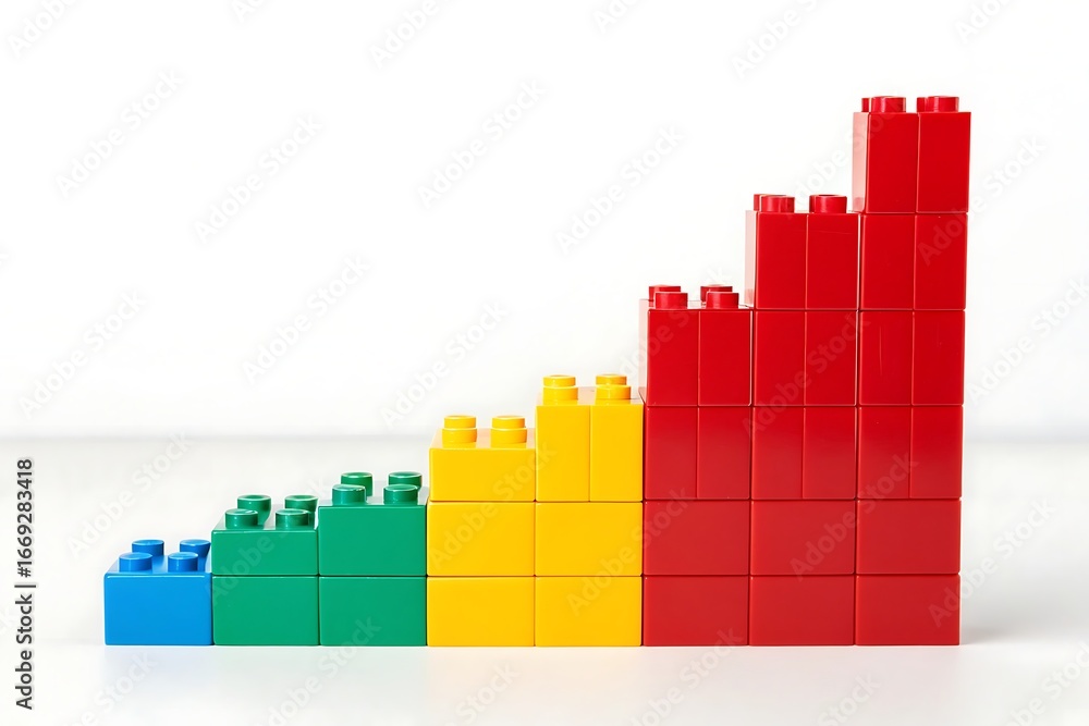 Poster a bar graph made of colorful building blocks showing an upward trend on a white background chart sta