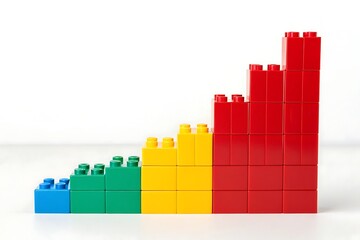 A bar graph made of colorful building blocks showing an upward trend on a white background chart statistics