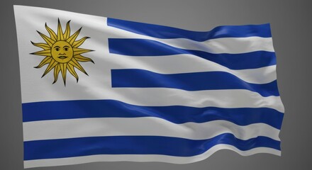Waving Flag of Uruguay with a Vibrant Sun Symbol Against a Neutral Background