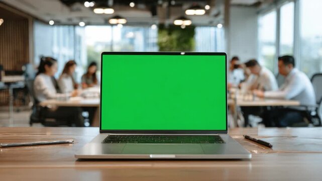 Business Meeting Display with Green Screen: An open laptop with a vibrant green screen dominates the foreground, positioned atop a wooden table amidst a bustling business meeting.