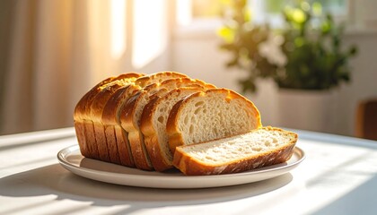 Sliced bread loaf with sunlit kitchen.