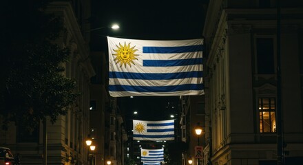 Illuminated Streets of Montevideo Celebrating National Pride with Uruguayan Flags in Night Lights