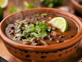 A steaming bowl of black bean soup garnished with cilantro and a slice of lime