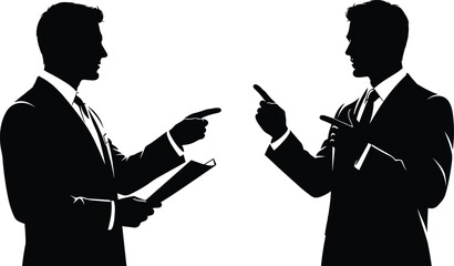 Silhouette of two businessmen arguing, pointing fingers, business conflict, disagreement concept, professional discussion, corporate tension, formal attire scene
