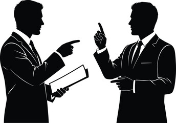 Two businessmen arguing in office, pointing fingers, heated discussion, workplace conflict, professional disagreement, corporate communication, business tension, formal attire debate