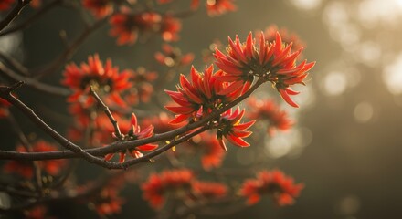 Vibrant Red Blossoms Illuminated by Soft Sunlight in a Serene Natural Setting