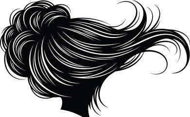 Woman hair silhouette, elegant hairstyle, flowing hair design, female profile, beauty vector art, hair fashion, hair styling, black and white, graphic illustration, modern hairdo, hair strands