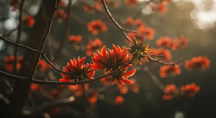 Vibrant Blossoms of the Flame Tree Catching the Golden Light of Dusk in a Serene Environment