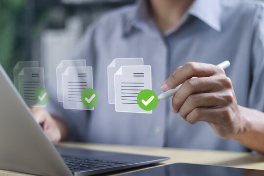 Regulation concept, Approval of new policies, rules, business, legal, compliance, law and policy update. Person using laptop with document with approval stamp.
