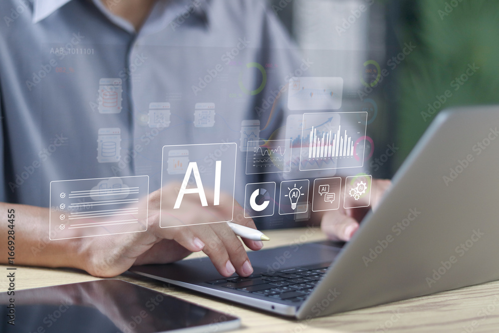 Poster ai technology for charts and marketing strategy. person using laptop with artificial intelligence to