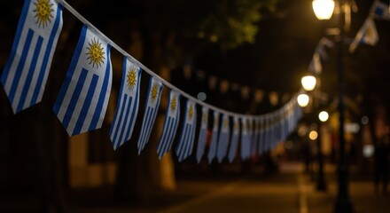 Nighttime Celebration in Montevideo: Striking Blue and White Flags of Uruguay Emanating Festival Spirit