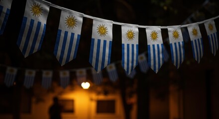 Celebratory Night Display of Uruguayan Flags with Striking Sun Emblems Under Glowing Street Lights