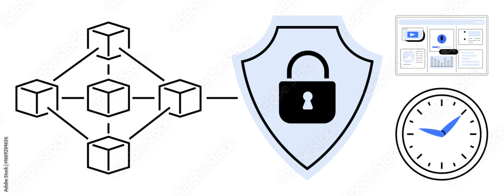 Aufkleber network blockchain structure connected to shield with lock, graph statistics on screen, and clock. i