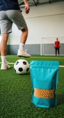 Fototapeta premium Soccer Training Fuel: Packaged Snacks on the Field, A Snack Pack and a Soccer Game