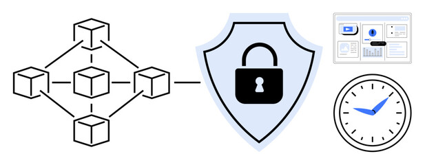 Network blockchain structure connected to shield with lock, graph statistics on screen, and clock. Ideal for cybersecurity, blockchain, data protection, analytics, productivity, time tracking simple