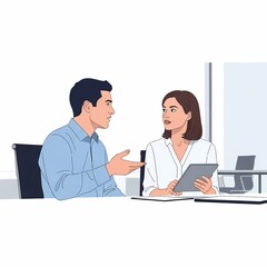 Obraz premium Two business colleagues engaged in a discussion at a meeting, likely about a project or strategy.