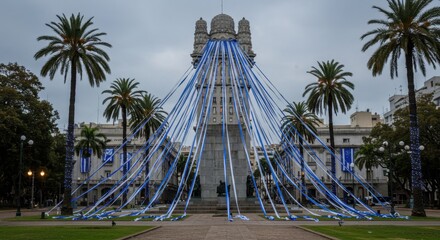 A Majestic View of a Monument Draped in Colorful Ribbons at Dusk Amidst Palm Trees