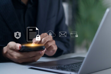 Cyber data security with secure online file protection concept. Person working with security system for safe personal information storage.