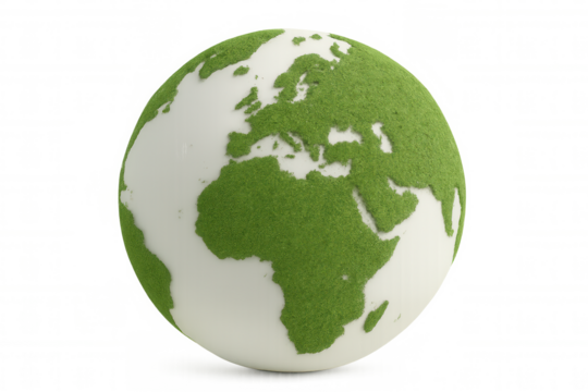 Verdant grass spreading across global landmasses, symbolizing environmental sustainability on transparent backdrop