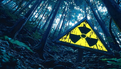 Radioactive Symbol Warning Sign in Dark, Stylized Forest – Environmental Danger Concept