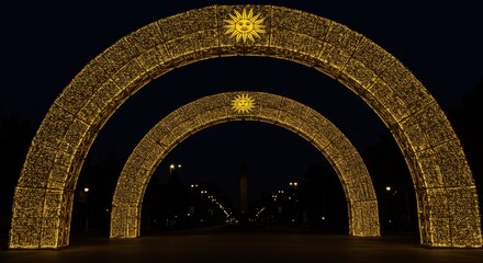 Illuminated Archways and Nighttime Splendor: A Captivating Cityscape of Twinkling Lights and Evening Magic