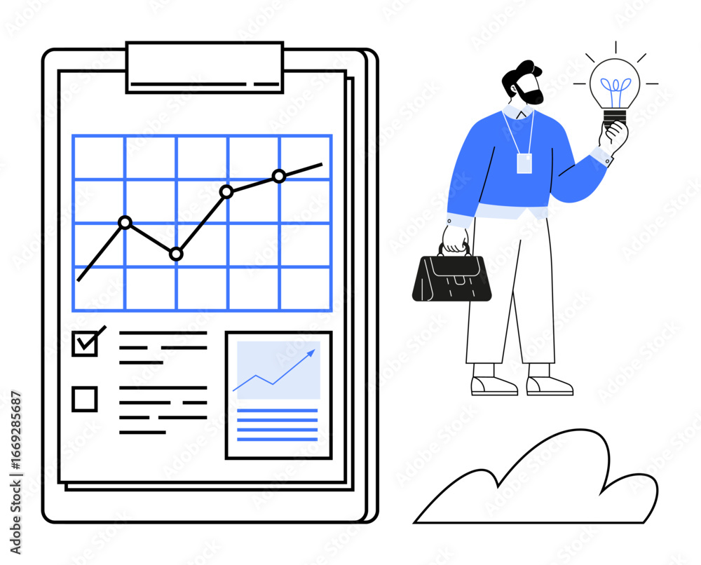 Poster clipboard with line graph, ticked task lists, and analysis data alongside a professional holding a g