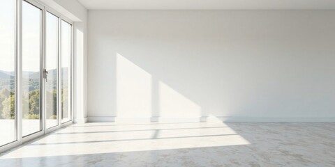 Obraz premium Bright Sunlight Illuminates an Empty Room with Large Windows and a View