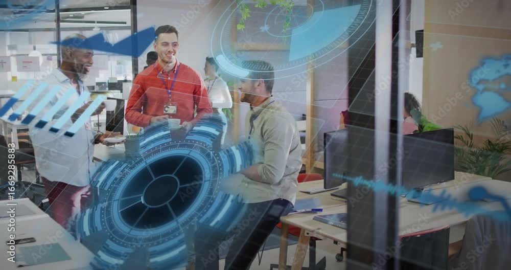 Poster three male colleagues sharing break at desk initiating charts visualizing data swirling into hud