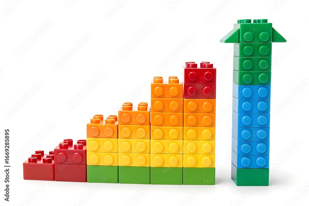 Aufkleber colorful building blocks arranged in a rising bar graph and a tall vertical stack with an arrow on w
