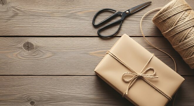 Rustic Package Wrapped in Kraft Paper with Twine and Scissors