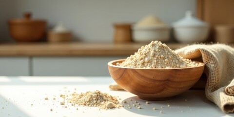 A wooden bowl filled with a mound of light beige granular substance, spills onto a pristine white surface, next to a rustic burlap cloth