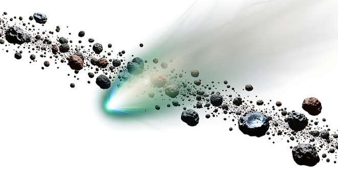 A stream of asteroids and space rocks with a bright light trail on a white background in space