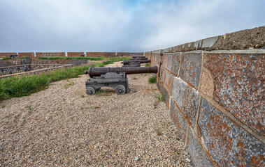 Row of cannons at Prince of Wales Fort National Historic Site at Churchill, Manitoba, Canada
