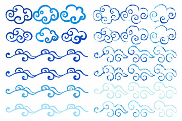 Collection of blue swirling clouds and waves in a traditional asian style