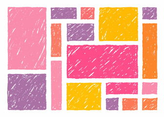 Colorful crayon textured rectangles and squares arranged on a white background