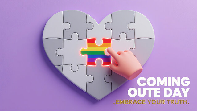 Heart shaped puzzle embedded with rainbow blocks, representing the integration of minority groups into themselves, used for coming out day and LGBT self acceptance promotion scenes.