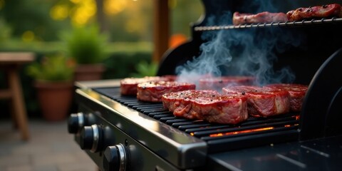 Delicious grilled meat cooking on a barbecue grill outdoors in the summer