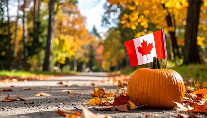 A vibrant orange pumpkin adorned with a Canadian flag sits proudly on a path covered in colorful autumn leaves, Thanksgiving Day concept