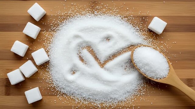 Close Up Overhead View Of White Granulated Sugar Forming An X Shape With Sugar Cubes On A Wooden Board And A Wooden Spoon