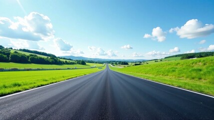 Fototapeta premium Asphalt road vanishing point on a sunny day, with bright green fields and a clear blue sky dotted with fluffy white clouds, offering a sense of freedom and endless possibilities.