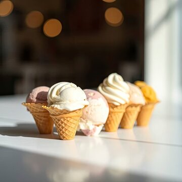 An extreme macro close-up of various ice cream pieces on a blue with generative ai