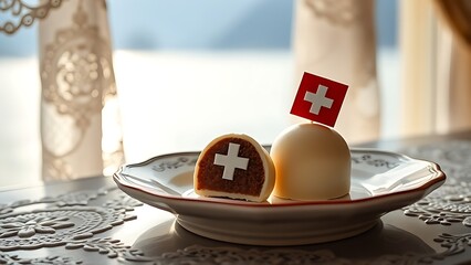 Glowing Swiss lantern with white cross motif, resting on rustic wood with alpine meadow in soft focus.