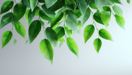 Lush green leaves cascading downwards against a light gray background